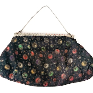 1930s art deco purse / decorative metal clasp purse / early 19th century handbag / vintage textile purse / polka dot purse / whimsical purse