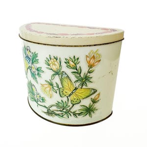 vintage floral half-circle tin - made in England / The Box Company tin box / retro tin / butterfly tin / flower tin / storage tin
