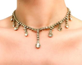 vintage rhinestone necklace / rhinestone drop necklace / vintage costume jewelry / midcentury rhinestone choker necklace / formal necklace