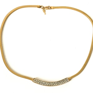 vintage Trifari gold minimalist choker with rhinestones / vintage gold tone choker necklace / gold rhinestone box chain necklace