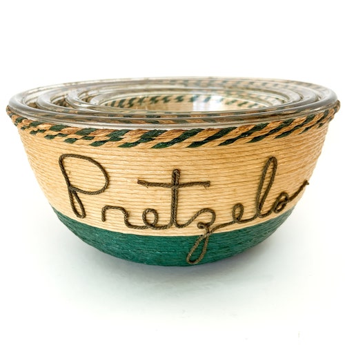 Anchor Hocking classic green twine and glass snack bowl set / 1950s bar