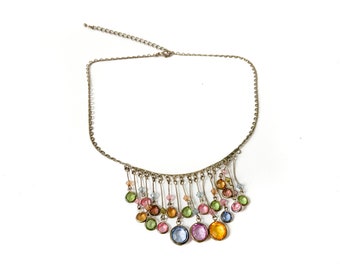 vintage metal chain and pastel rhinestone necklace / vintage rhinestone drops / bib necklace / whimsical necklace / pastel necklace