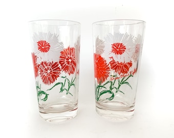 pair of 1950s Boscul peanut butter DIANTHUS PINK glass tumblers / vintage peanut butter glasses / 1950s floral glassware / flower glasses