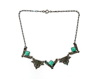1930s Art Deco Peking Stone Necklace - Antique Blue-green Stone Jewelry