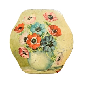 vintage English floral tin container with hinged lid / flower tin box / cream colored tin box / illustrated flower box / vintage English tin