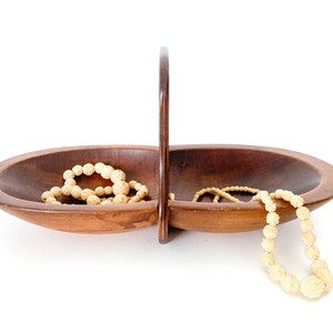 vintage double sided carved wooden bowl with handle / decorative dark wood bowl / shallow bowl / fruit bowl / wood basket / rustic bowl