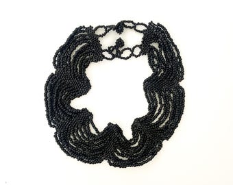 Vintage Black Seed Bead Collar Necklace, Scalloped Bib Design