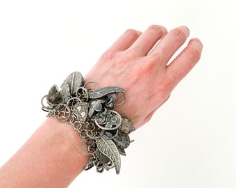 Y2K Maximalist Charm Bracelet: Silver Tone, Hearts, Flowers