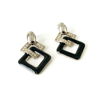 glamorous geometric black and silver rhinestone dangle earrings / geometric rhinestone earrings / square earrings / 80s dangle earrings