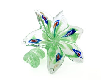 Hand Blown Art Glass Flower, Green, Blue, and Red