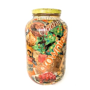 vintage decoupaged food novelty jar / junk food jar / arts and crafts jar / collaged jar / large lidded jar / funky arts and crafts jar