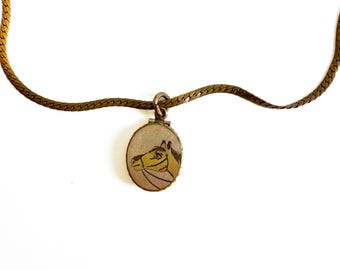 Antique Gold Filled Horse Locket Necklace, Engraved Oval Pendant