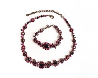 Vintage SORRELLI Red Rhinestone Jewelry Set, Necklace & Bracelet