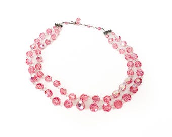 Vintage 1940s Pink Iridescent Crystal Bead Necklace, Two-Strand Choker