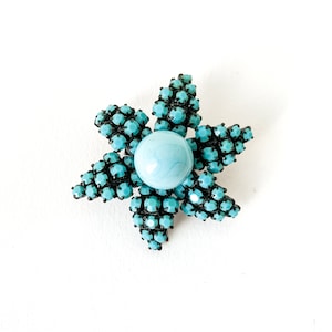 vintage turquoise rhinestone flower brooch / vintage flower pin / light blue brooch / molded rhinestone brooch / 1950s brooch / flower pin