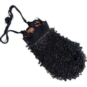 antique 1900s black metallic beaded handbag / antique evening beaded purse / antique black evening purse / antique beaded purse