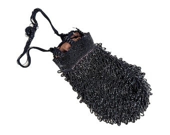 Antique Beaded Evening Purse, Metallic Black Seed Beads (1900s)