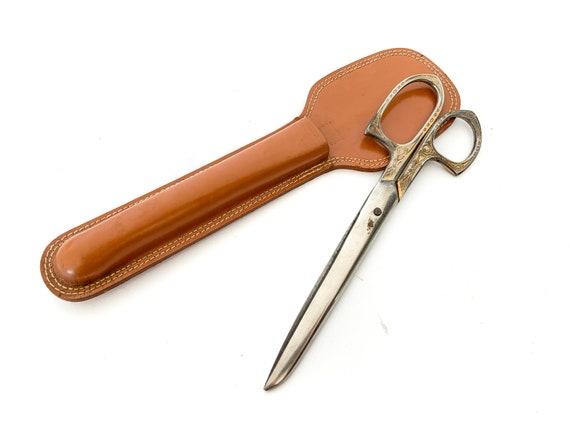 Vintage Ornate Scissors in Original Leather Case / Decorative Scissors /  1960s Scissors / Vintage Shears / Office Desk Scissors 