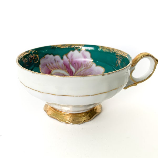 vintage hand painted teal flower teacup / teal teacup / teal and gold china / pink flower teacup / teal bone china teacup / single teacup