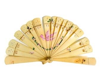 Vintage Celluloid Folding Fan, Hand-Painted Bird Design, 1920s-30s