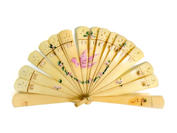 Vintage Celluloid Folding Fan, Hand-painted Bird Design  display picture 1
