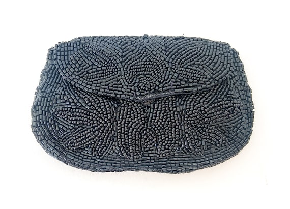 vintage small black beaded clutch purse / full be… - image 1