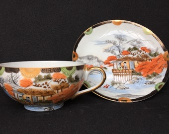 Beautifully Hand Painted Cup and Saucer, Japanese Ceramic Art, Oriental Collection, Modern Asian Ceramic, Restaurant Ware
