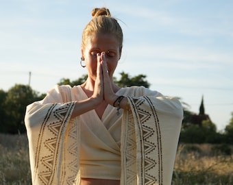 Tribal Wrap Blouse: Raw Organic Cotton Bell Sleeve Top with Labradorite