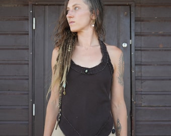 Organic Cotton Backless Top: Adjustable Strap, Labradorite Stone Detail