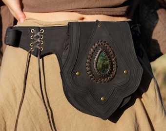 Leather Belt Bag: Lotus Flower Labradorite Gemstone Hip Pouch