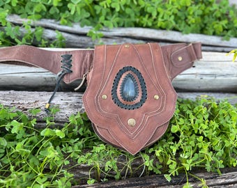 Leather Belt Bag: Handmade Labradorite Gemstone Pouch