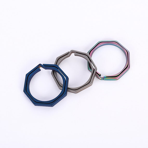 2 Pcs Metal Large Keyrings Titanium Keychains Octagon Shape Flat