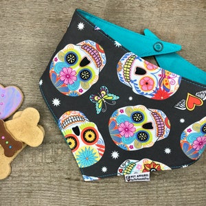 Bold Calavera Dog Bandana Reversible with Pearl Snaps | Dia De Los Muertos Sugar Skull