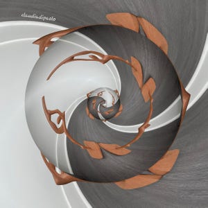 Puede incluir: Diseño espiral abstracto con una mezcla de tonos grises, blancos y marrones. La obra de arte presenta un patrón arremolinado con elementos de madera, creando una composición dinámica y artística. El nombre del artista, claudidiapaolo, está en la esquina superior izquierda.