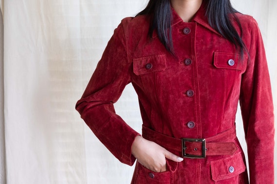 Vintage Belted Merlot Red Suede Leather Jacket
