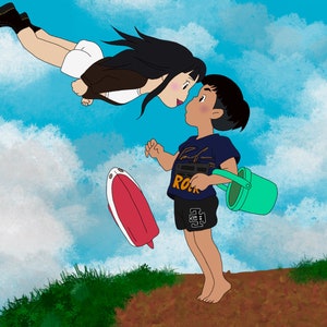 May include: A girl with long black hair flies upside down in the air, looking at a boy standing on the ground. The boy is wearing a blue shirt with the words "Rock" and "Roll" on it. He is holding a green bucket. The background is a blue sky with white clouds.