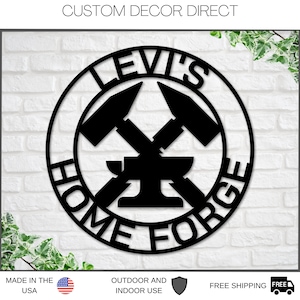 May include: Black metal sign with the text "Levi's Home Forge" in a circle. The sign features two crossed hammers and an anvil.