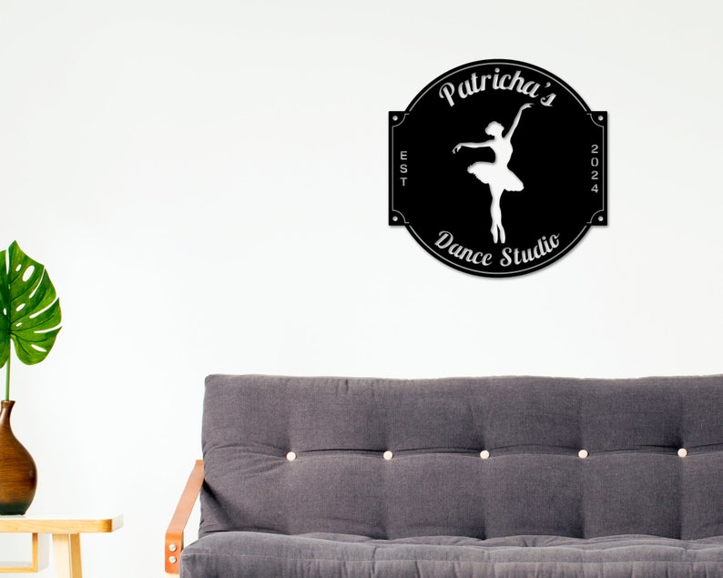 May include: Black and white sign with a ballerina silhouette, the text "Patricha's Dance Studio", "EST 2024", and a decorative border.