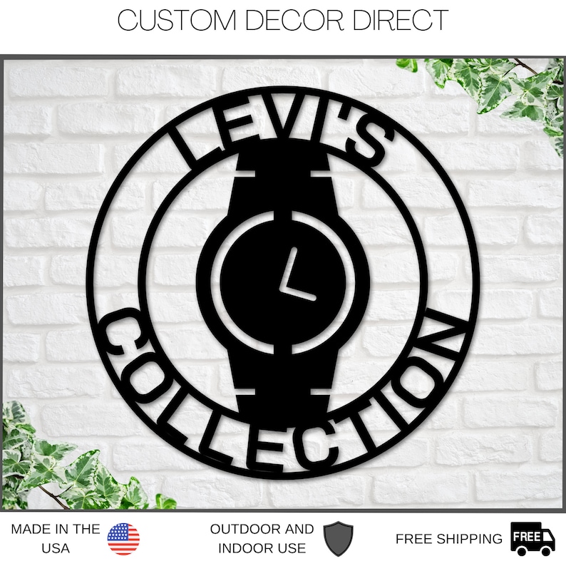May include: Black metal wall art featuring a stylized watch with the words "Levi's Collection" around the perimeter.