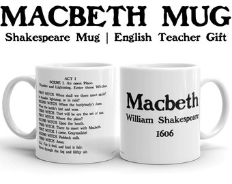 Taza de Macbeth, regalo de William Shakespeare, taza para profesor de inglés, regalo para amantes de los libros, regalo de dramaturgo, regalo de literatura británica, taza para después de una fiesta