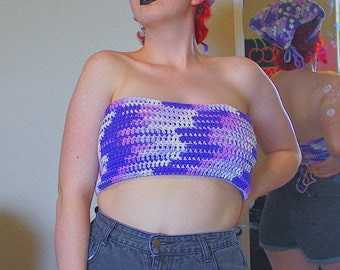 Purple and White Crochet Bandeau Top Corset back cotton yarn handmade