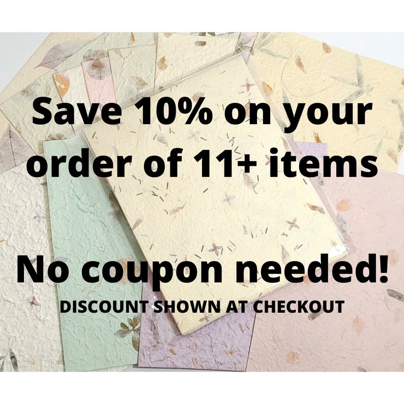 May include: A close-up of a stack of colorful paper with the text "Save 10% on your order of 11+ items. No coupon needed! DISCOUNT SHOWN AT CHECKOUT."