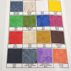 May include: A color chart with 16 different paint colors, each with a name and a corresponding color code. The colors include dark grey, natural, white, yellow, green, olive green, blue, mauve, red, ivory, gold, chocolate, black, fancy grey, fancy purple, and orange.