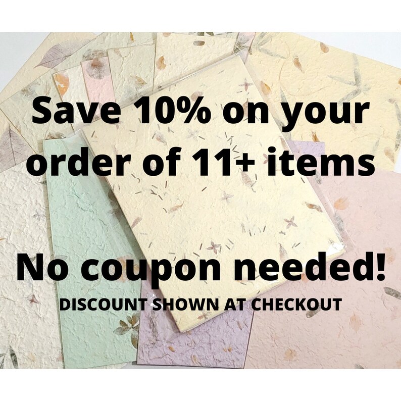 May include: A close-up of a stack of colourful paper with the text "Save 10% on your order of 11+ items. No coupon needed! DISCOUNT SHOWN AT CHECKOUT."