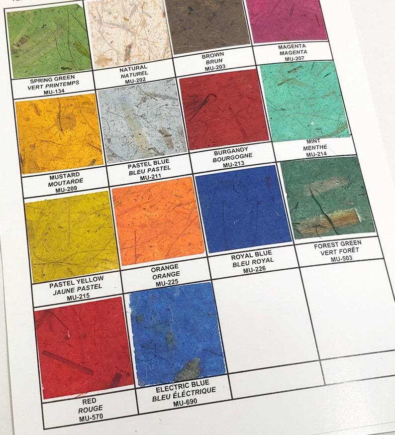 May include: A color chart with 12 different shades of paint. The colors are labeled in both English and French. The chart is divided into four rows and three columns. The colors are: Spring Green, Natural, Brown, Magenta, Mustard, Pastel Blue, Burgundy, Mint, Pastel Yellow, Orange, Royal Blue, Forest Green, Red, and Electric Blue.