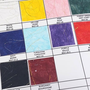May include: Color chart with 12 different colors of paper. The colors are white, yellow, pink, forest green, navy, turquoise, purple, red, black, and burgundy. Each color has a name and a code.