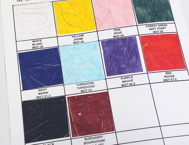May include: Color chart with 12 different colors of paper. The colors are white, yellow, pink, forest green, navy, turquoise, purple, red, black, and burgundy. Each color has a name and a code.