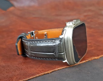 Bracelet Apple Watch Ultra en alligator gris avec boucle déployante, bracelet Apple Watch Ultra 49 mm, remplacement du bracelet Apple Watch Ultra.