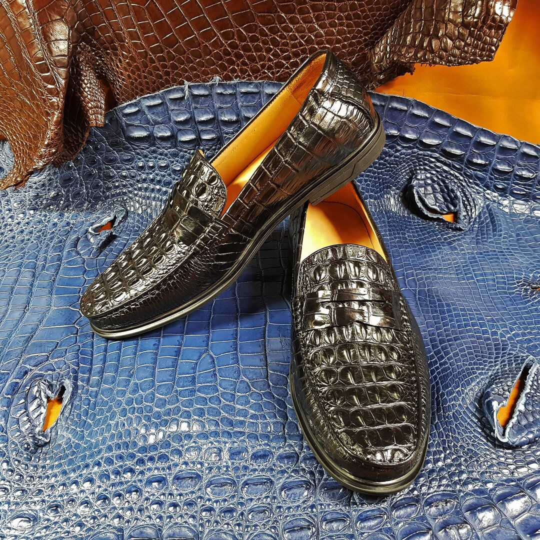 Mens Black Alligator Loafers, Mens Exotic Dress Shoes, Alligator Dress