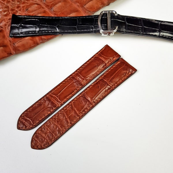 Reddish Brown Alligator Watch Bands For Cartier, Replacement Brown Strap With Clasp For Cartier, Watch Strap Replacement For Cartier Santos.